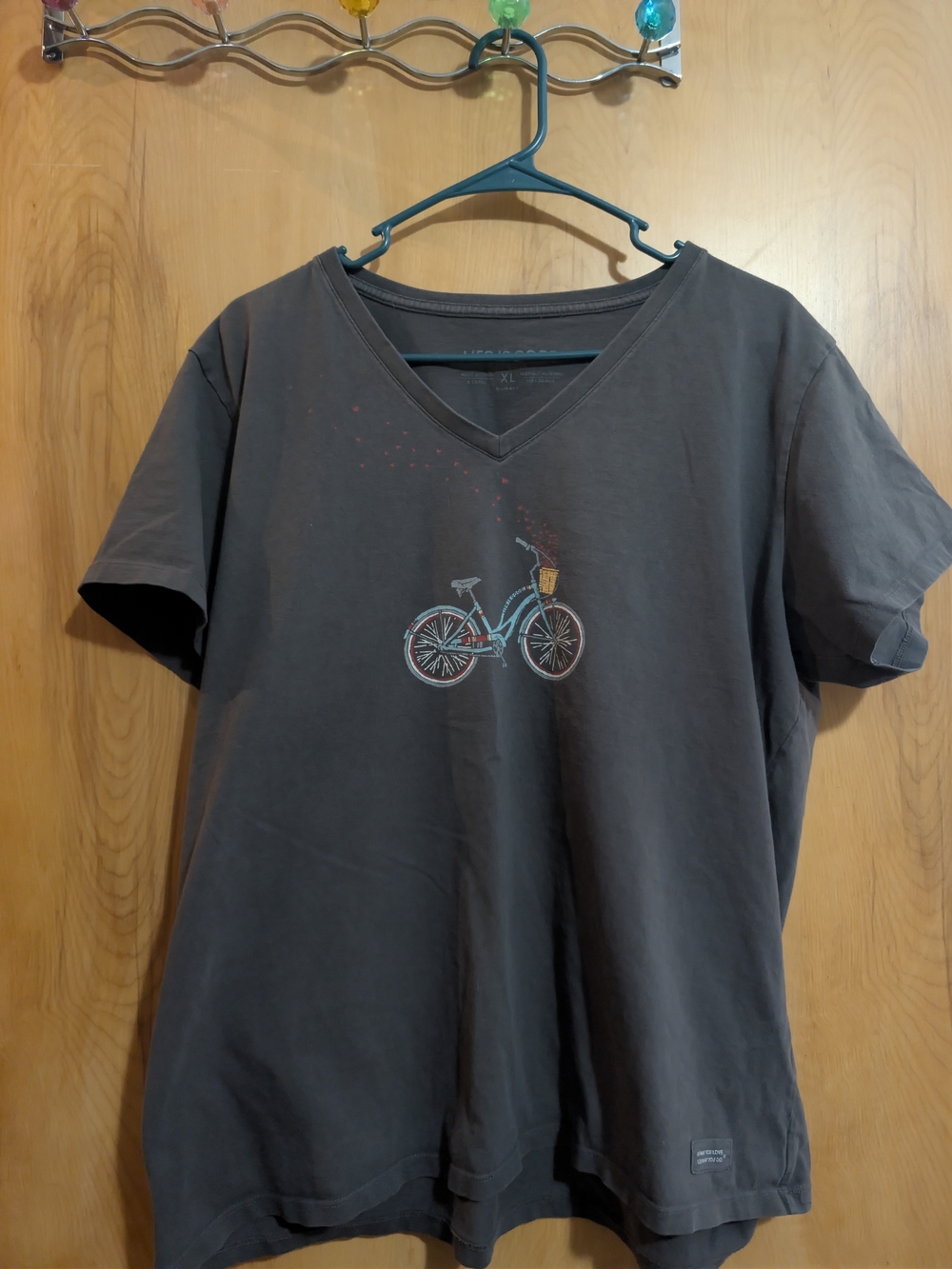 Life Is Good Women's Short Sleeve V-Neck Tee in Charcoal with Bicycle Graphic